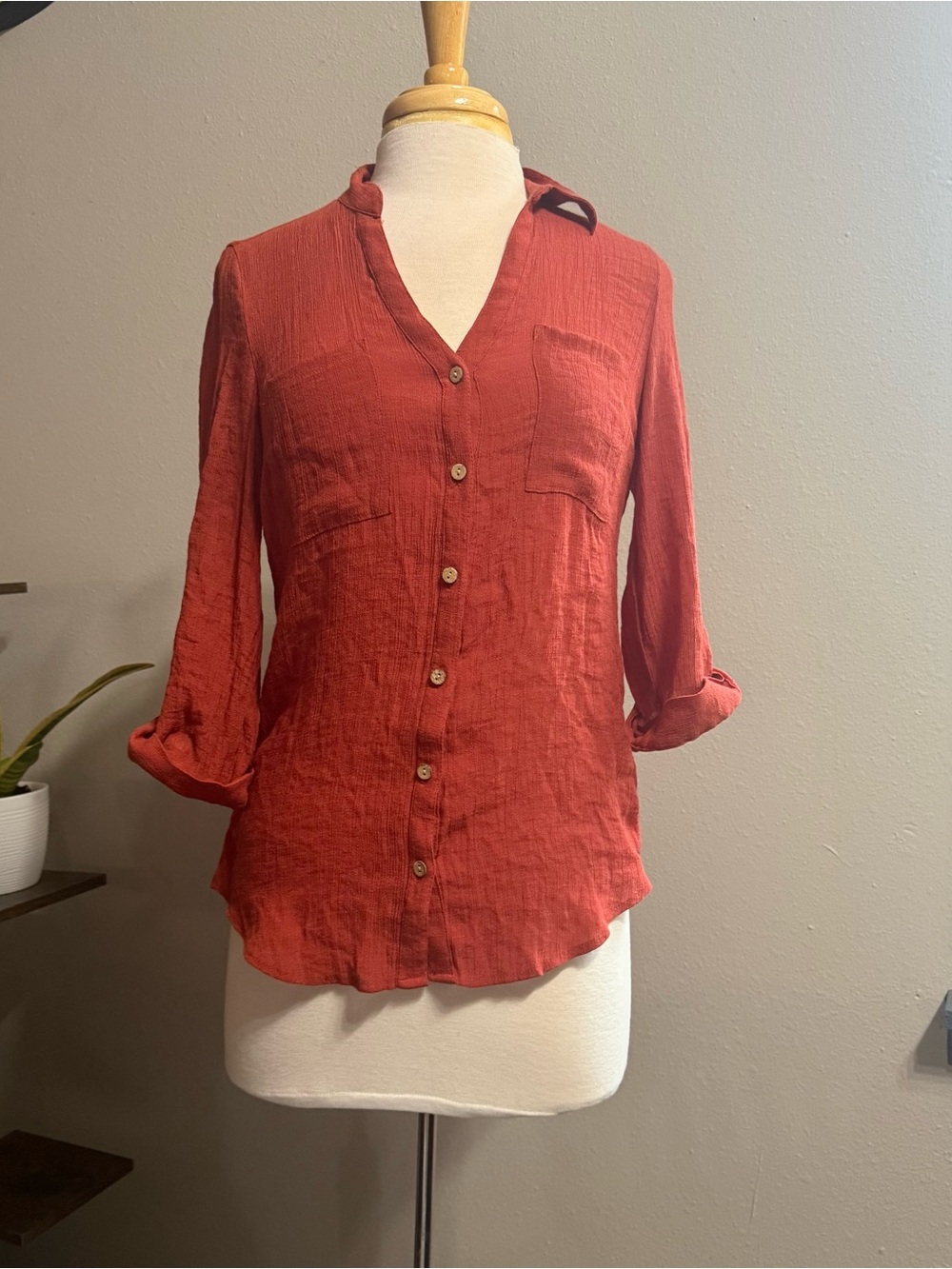 By & By Rust Burnt Orange Button Down Blouse Medium Roll Tab Sleeves Boho Top